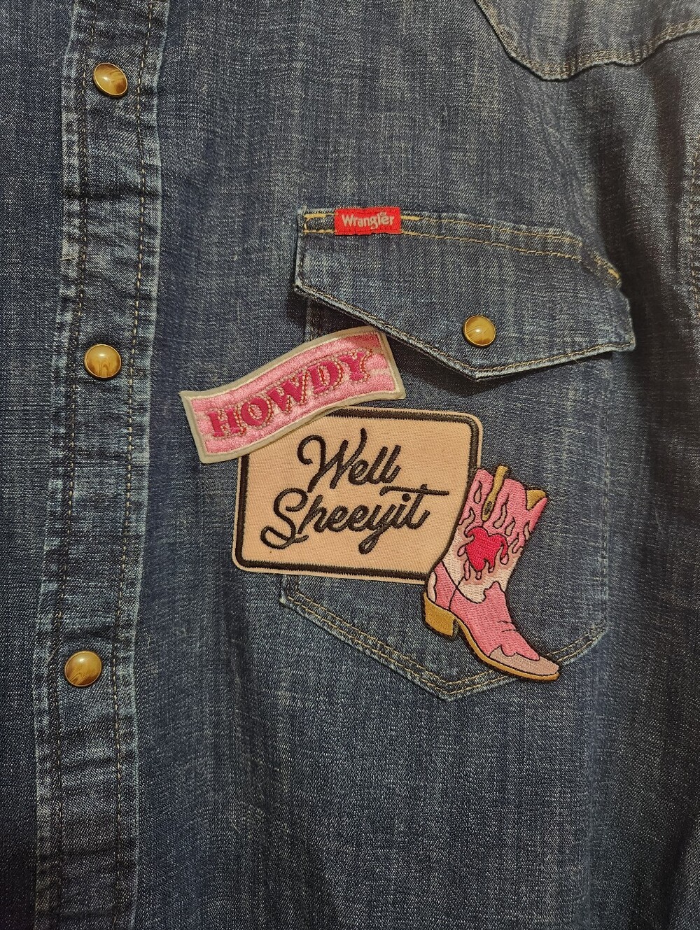 Wrangler Custom Patched Western Denim Snap Shirt Rodeo Festival Blue Size 2XL - Picture 2 of 9